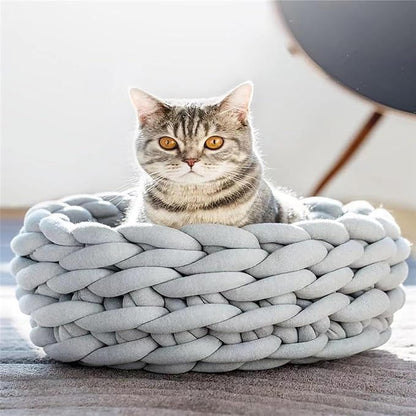 Woven Dog Bed Basket, Knitted Cotton Cat Bed Round Washable Woven Cat Pet Bed Chunky Dog Basket, Orthopedic, Chunky Knit Dog Nest,Dog Bed,Dog Cave,Dog Bedding(Gray,19")