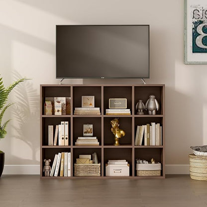 OSCHF 12-Cube Storage Shelf Bookcase - Wooden 3-Tier Floor Standing Open Bookshelf for Home and Office, Cuby Orgainzer, Walnut