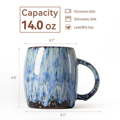 Unique Reactive Glaze Ceramic Coffee Mug - 14 oz Large Coffee Cup with Ergonomic Handle, Deep Sea Blue Mug for Coffee, Tea, Milk - Perfect Birthday & Housewarming Gift for Friends, Women, Men