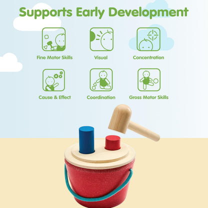PlanToys® Hammering Peg Bucket | Montessori Wooden Hammering Toy for Toddlers 12M+ | Develops Hand-Eye Coordination, Fine Motor Skills & Problem-Solving | Includes Pegs & Hammer