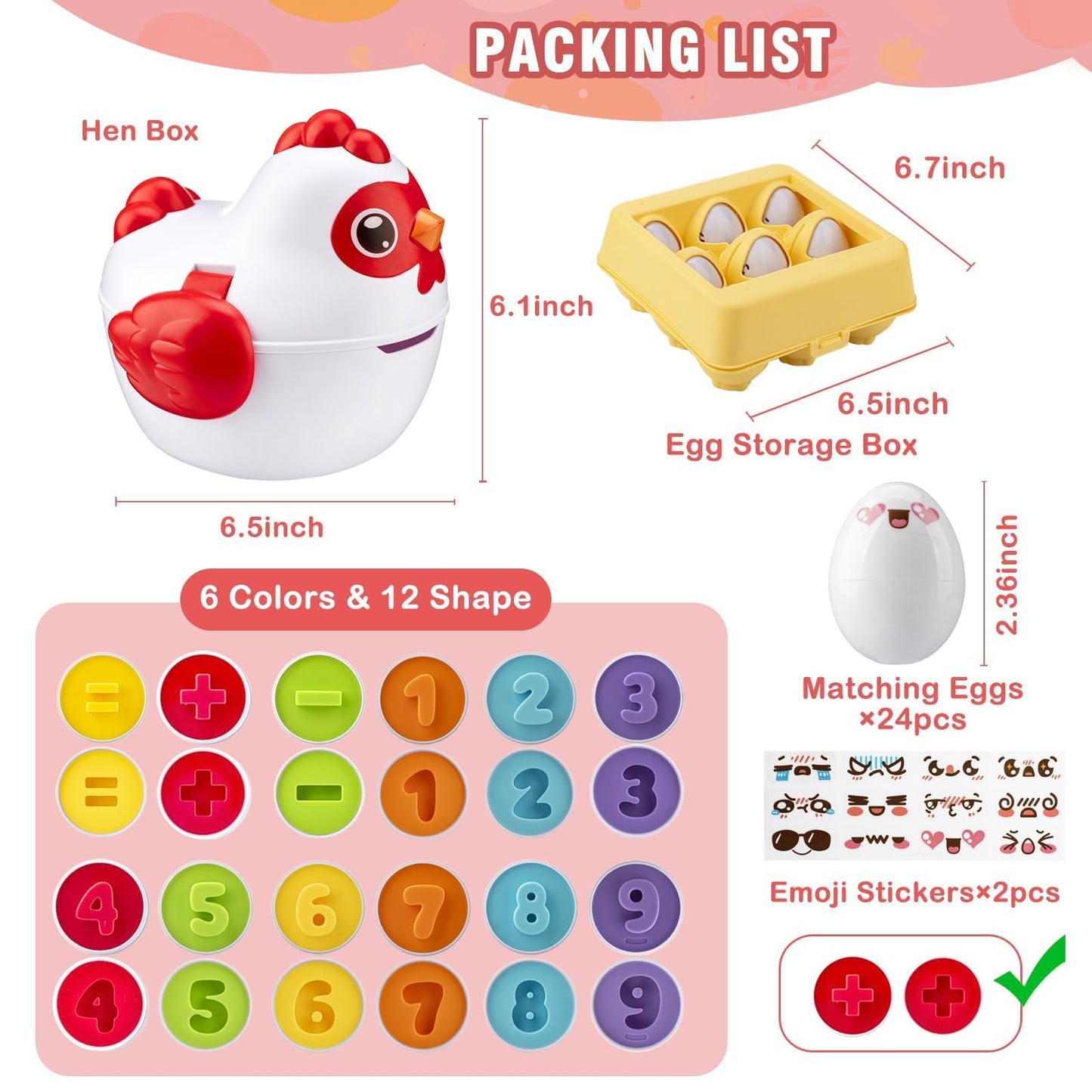 VROGTIK Easter Egg Matching Game, 24-Piece Easter Basket Stuffers for Kids, Color Shape Number Recognition Educational Toddler Toys, Chicken Storage Box Preschool Learning Toy for Boys Girls