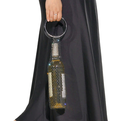 Munyee Hua Rhinestone Wine Bottle Holder Bag Reusable Tote Carrier Crystal Mesh Evening Purse with Ring Handle Gift Bags Carrier for Birthday Picnic Party Wedding (Black Handle Black Mesh)