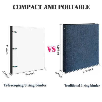 INFUN 1 Inch Telescoping 3 Ring Binder Black+White - 4 PCS， Flexible Binders with Customizable Front Cover and Clear Catalog Pocket,1 inch Binders 3 Ring, 225 Sheet Capacity