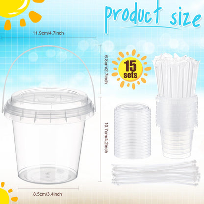 Funnymoom 15 Set 24oz Clear Plastic Drink Buckets with Lids and Straws Disposable Iced Coffee Cups Rum Buckets for Cocktail Parties Smoothie Cup Bulk with Handles for Beach Pool Party Supplies