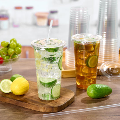 Turbo Bee 50 Sets 32 OZ Clear Plastic Cups with Lids and Straws, Disposable To Go Iced coffee cups with lids for Cold Drinks, Smoothie, and Slushie