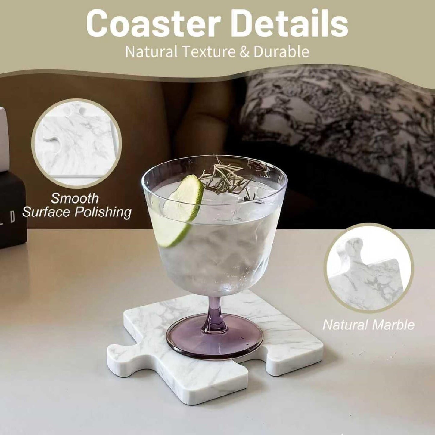 Marble Coasters Set of 4, Aturalux Luxury Aesthetic Modern Decor for Coffee Table, White Mable Real Natural Stone Coasters