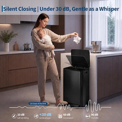 13 Gallon Trash Can Kitchen Garbage Bin with Removable Inner Buckets 50L Stainless Steel Step-on Metal Large Waste Cans with Soft Close Lid Black