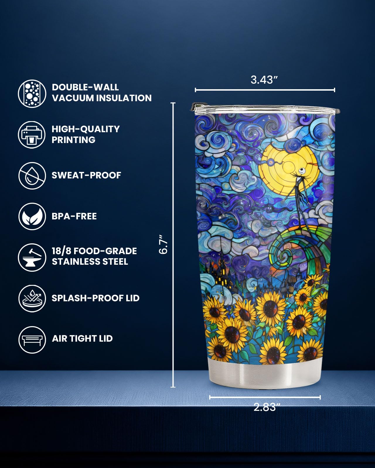 34HD Jack Skeleton Starry Nightmare Painting Tumbler 20oz Stainless Steel Insulated Travel Mug Sunflower Stained Glass Art Coffee Cup Movie Fan Gifts for Men Women Birthday
