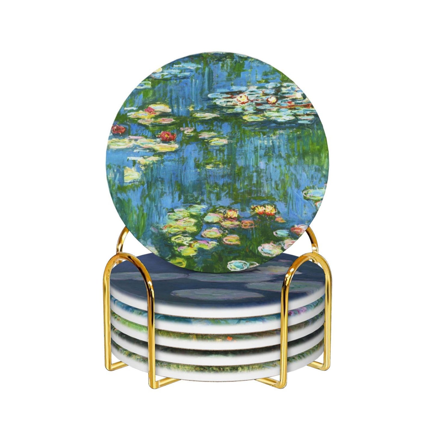 Ceramic Absorbent Art Coasters with Golden Holder Cork Base Set of 6 - Use 6 Famous Paintings, Unique Housewarming Gifts for Home Decorative (Claude Monet - Round - 2)