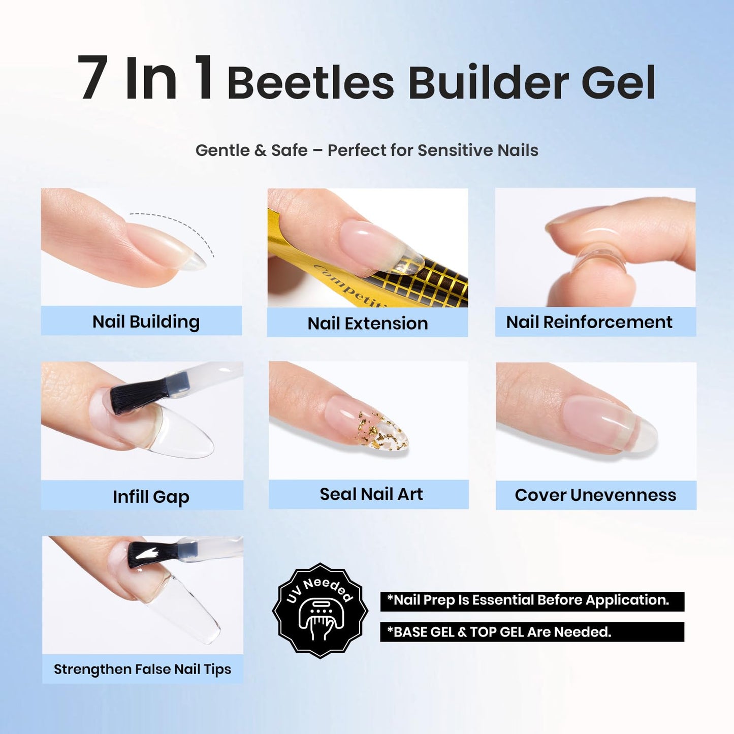 Beetles Builder Gel Set,3 Pcs 8 in 1 Nail Strengthening Apex Building Extension for Beginner DIY Salon at Home,Clear Builder Nail for Nails with Base and Top Coat Gel,UV & LED Lamp Needed