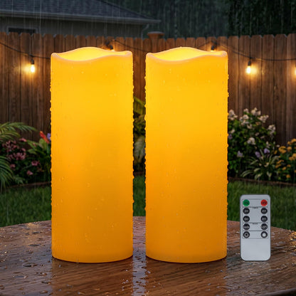 Amagic 2 Pack 5"x12" Outdoor Plastic Electric flameless Candles with Remote Control and Timer, Battery Operated Flickering LED Pillar Fake Candle for Home, Wedding Decor, Ivory