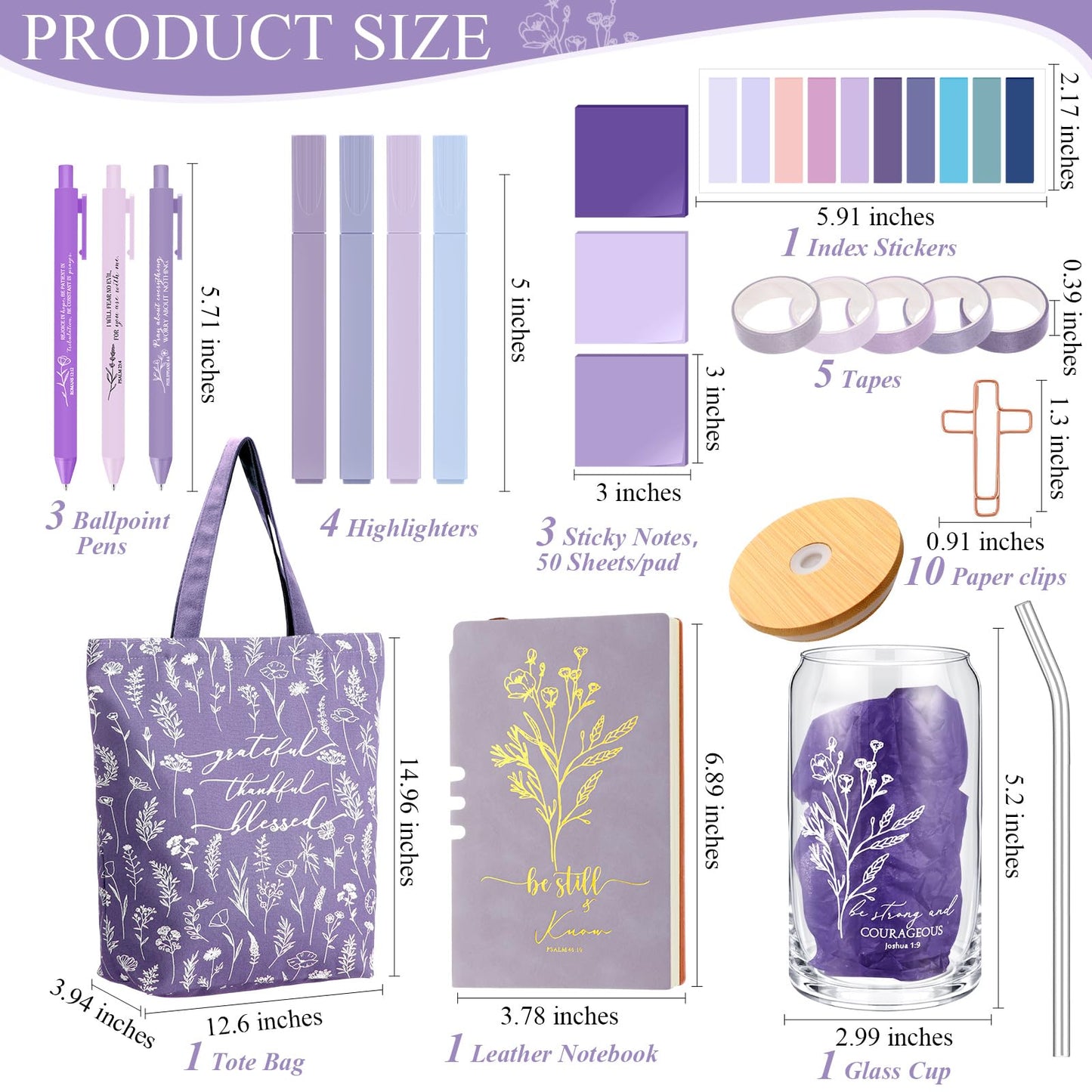 Singhoow 29 Pcs Bible Journaling Supplies Kit 16 oz Glass Cup Canvas Bag Leather Notebook Highlighters Pens Sticky Note Tapes Bible Study Supplies for Women Sunday School Teacher(Boho, Purple)