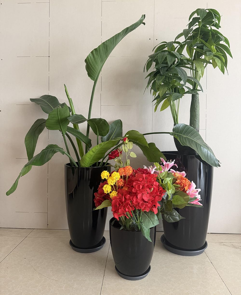 MinCHI257 24/21/11 Inch Tall Planter Pots Garden Plastic Planters - Set of 3 for Indoor & Outdoor Use - Decorative Lightweight Flower Pots