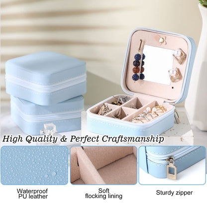 Hillban Bridesmaid Gifts Jewelry Box with Mirror, PU Leather Small Travel Jewelry Case Organizer Storage for Women Girls(Blue,12 Pcs)