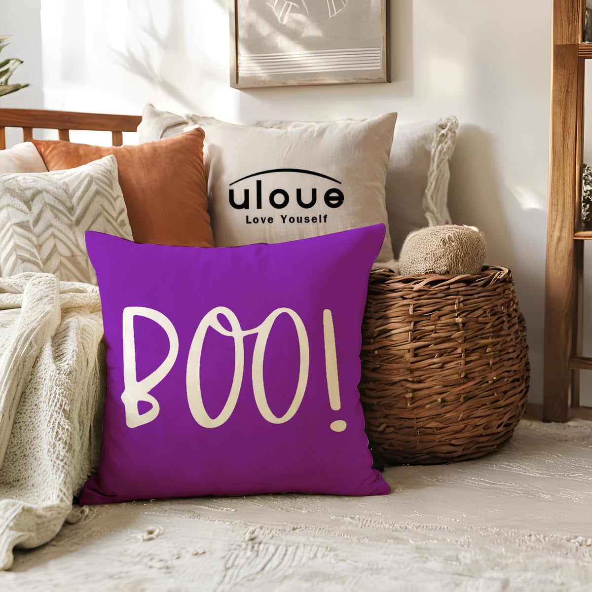 ULOVE LOVE YOURSELF 2pack Halloween Skeleton Decor Pillow Covers 18x18 Inch Happy Halloween Skull/Boo Cushion Covers Farmhouse Funny Skull Decorative Pillowcases for Sofa/Couch/Porch(Purple)