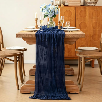 3Pcs Navy Blue Table Runner, 10FT Rustic Gauze Blue Table Runner 35*120inch Boho Table Runners for Wedding Bridal Shower Birthday Baby Shower Table Centerpiece Decorations