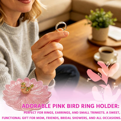 ONEPEACE Golden Bird Ceramic Ring Holder Dish for Women, Decorative Jewelry Tray Trinket Dish for Rings Earrings Necklace Organizer, Engagement Wedding Ring Holder, Christmas Birthday Gifts (Pink)