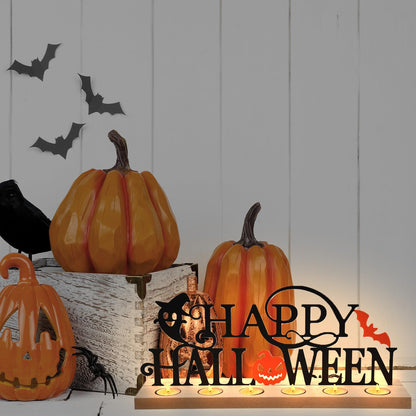 Metal Happy Halloween Sign, Tiered Tray Decor with 18pcs Tealights, Black Halloween Decorations Tea Lights Holders for Home, Office, Shelf, Mantel, Indoor, Table, Spooky Jack-o-lantern Ghost Bat Decor