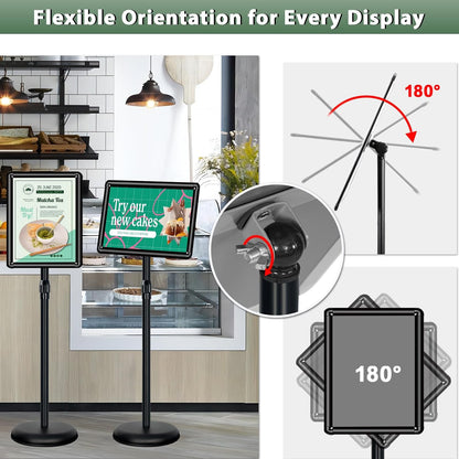 Poster Stand Holder Adjustable Pedestal Floor Standing Sign Holder Vertical and Horizontal View Sign Display, Aluminum Snap Open Frame with Safety Corner (2P-Black-11x17)