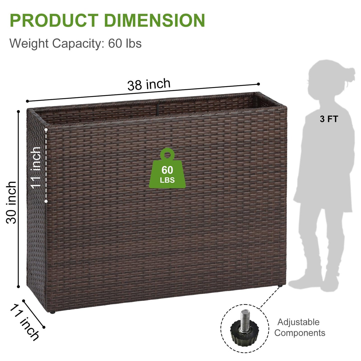 LEWIS&WAYNE Large Rectangular Block Planter Box Handmade Wicker Tall Planters for Outdoor Plants with Removable Liners Modern Planter for Indoor Outdoor Patio Deck - Brown, 38''x11''x30''