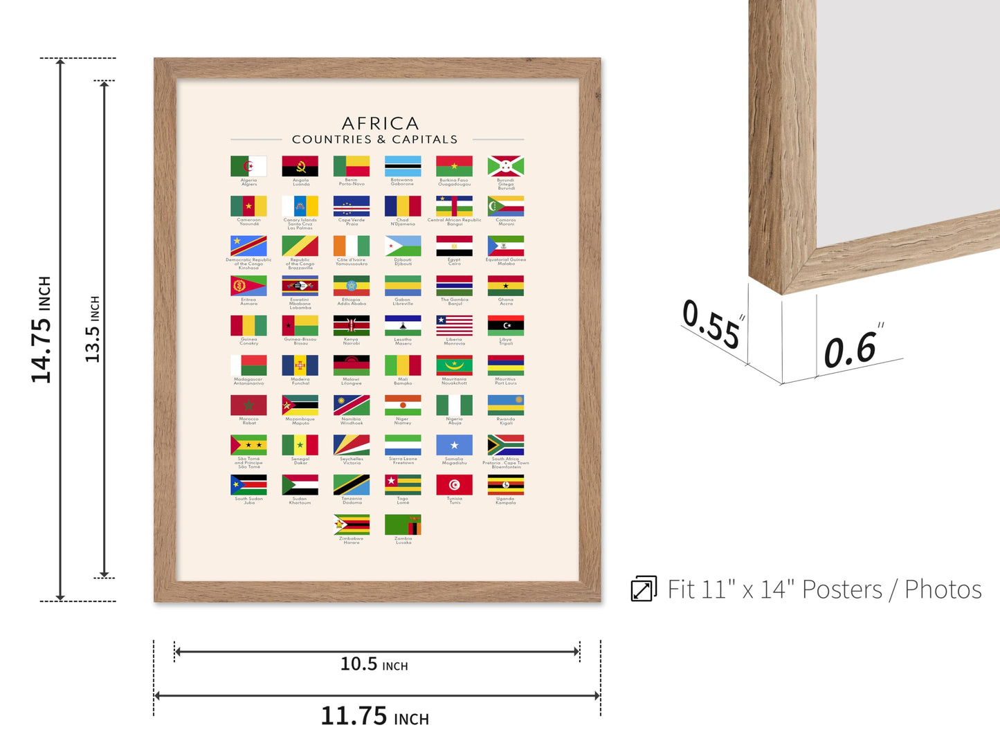 Poster Master Flags of Africa Poster - African Countries & Capitals Print - Learning Materials Art - Flag Art - Gift for Students & Teachers - Decor for Classroom or Library, 11x14 Beige Framed