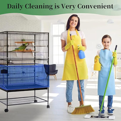 Daoeny 2Pcs Large Bird Cage Cover, Bird Cage Seed Catcher, Adjustable Soft Airy Nylon Mesh Net, Birdcage Cover Skirt Seed Guard for Parrot Parakeet Macaw African Round Square Cages (Blue + Green)