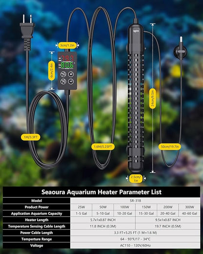 SEAOURA Aquarium Heater, 200W Fish Tank Heater for 20-40 Gallon, Small Submersible Heater for Turtle Tank with Temp Probe Digital Display Adjustable Safety Protection, Automatic Power Off