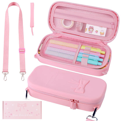 SEEZIZI Soft Silicone Bow Pencil Case, Large Capacity Aesthetic Pen Pouch Organizer with Handle & Strap,Big Pencil Bag for Girls Women, Kawaii School College Travel Supplies - Pink