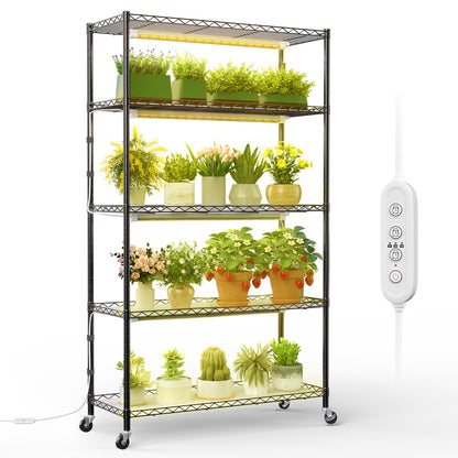 FREELICHT DIY Plant Shelf with Grow Light, 5-Tier, 2FT 5000K 120W(4x30W), Full Spectrum, Metal Plant Stand with Adjustable Rack and Wheel, LED Grow Lights with Timer for Seed Starting 35.4x13.8x61.5IN