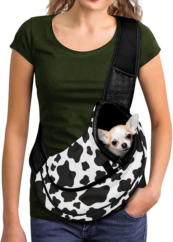 FUSURIRE Cute Cow Print Small Dog Sling Carrier for Small Pets, Cats and Puppies, Breathable Mesh Cute Front Pack Hands-Free Carrier Bag with Adjustable Shoulder Strap for Outdoor Travel