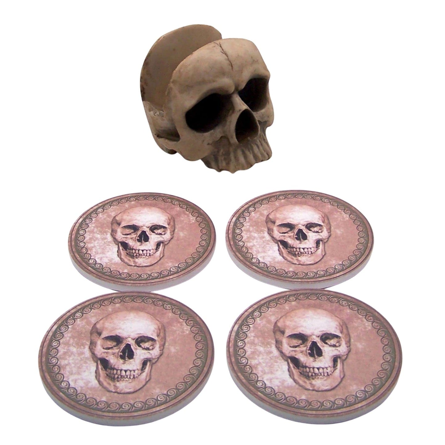 Wowser Gothic Kitchen & Bar Decor- Skull Engraved Coaster Set with Holder, 4.5 Inches, Set of 4