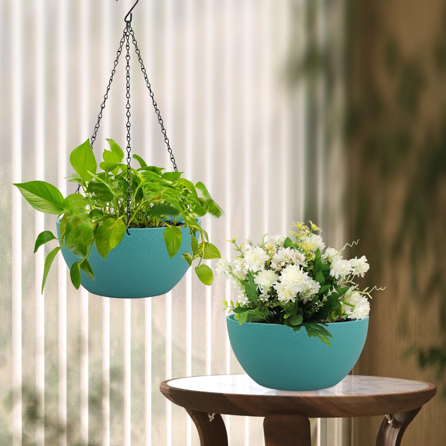 Meowell 8 inch Small Hanging Planters Plant Pots for Indoor Outdoor Plants, 2 Pack Hanging Flower Pots with Drainage Holes and Chain for Garden, Plastic Hanging Baskets for House Plants, Blue Green