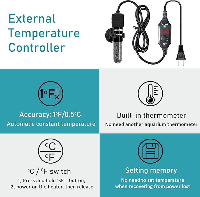 Small Submersible Aquarium Heater,Adjustable Mini Fish Tank Heater 25/50/100/150/200/300 Watts with External Temperature Controller, LED Display, Smart Memory, Used for 1-60 Gallons (25W)