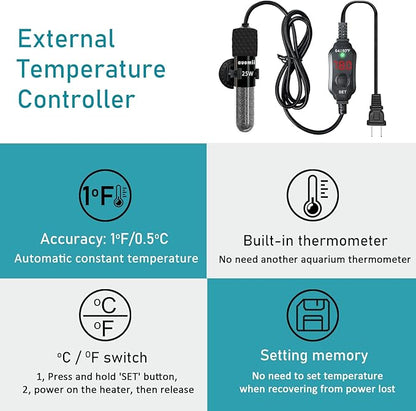 Small Submersible Aquarium Heater,Adjustable Mini Fish Tank Heater 25/50/100/150/200/300 Watts with External Temperature Controller, LED Display, Smart Memory, Used for 1-60 Gallons (25W)
