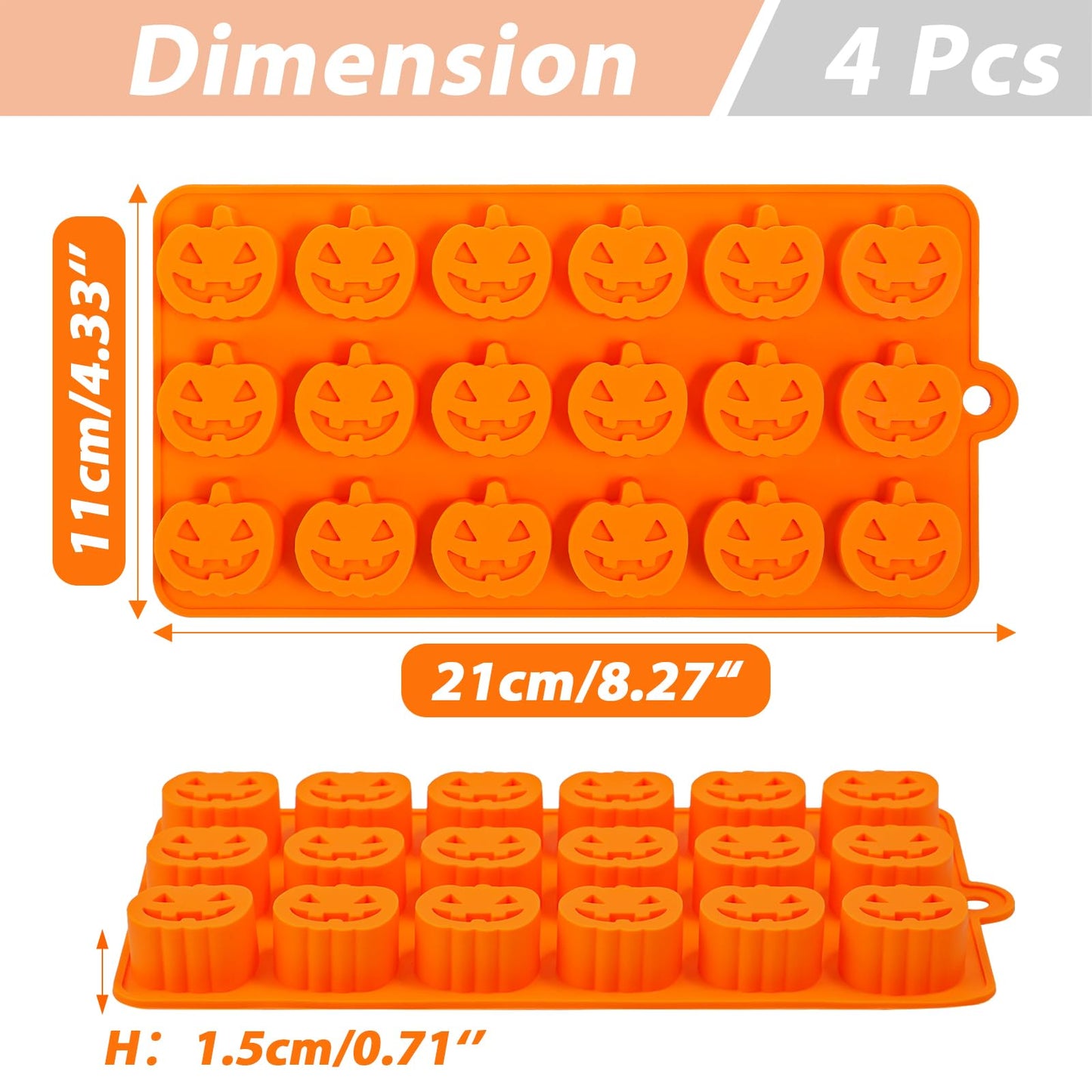 Webake Halloween Chocolate Mold Shaped with Pumpkin Jack-O-Lantern, Skull, Tombstone, Ghost, Bat and Spider, Halloween Silicone Molds for Chocolate, Candy, Ice Cube, Jello, Soap, Pack of 4