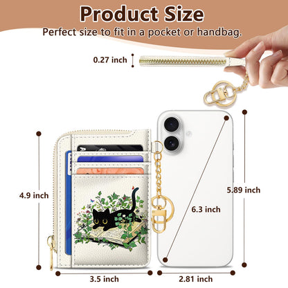 GIANCOMICS Slim Wallet Credit Card Holder Women, Black Cat Rfid Blocking Small Card Case, Keychain Thin Pocket Curved Zipper Wallet, Travel Card Holder PU Leather ID Window, Ladies Female Gifts