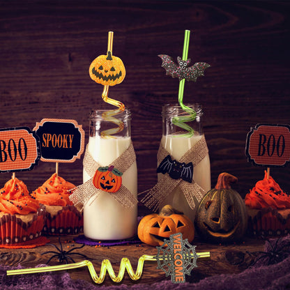 24Pcs Bling Glitter Halloween Party Favors Straws Bats Pumpkin Witch Ghost Straws for Halloween Party Supplies Birthday Party Decoration with 2 Cleaning Brush.