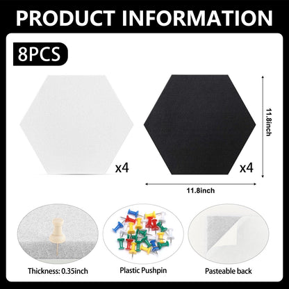 8 Packs Black White Hexagon Felt Pin Board, 12" Bulletin Board with 30 Push Pins, Felt Board for Home Kitchen Office Decor, Self-Adhesive Corkboard Tiles for Walls Message Photos Memos Display