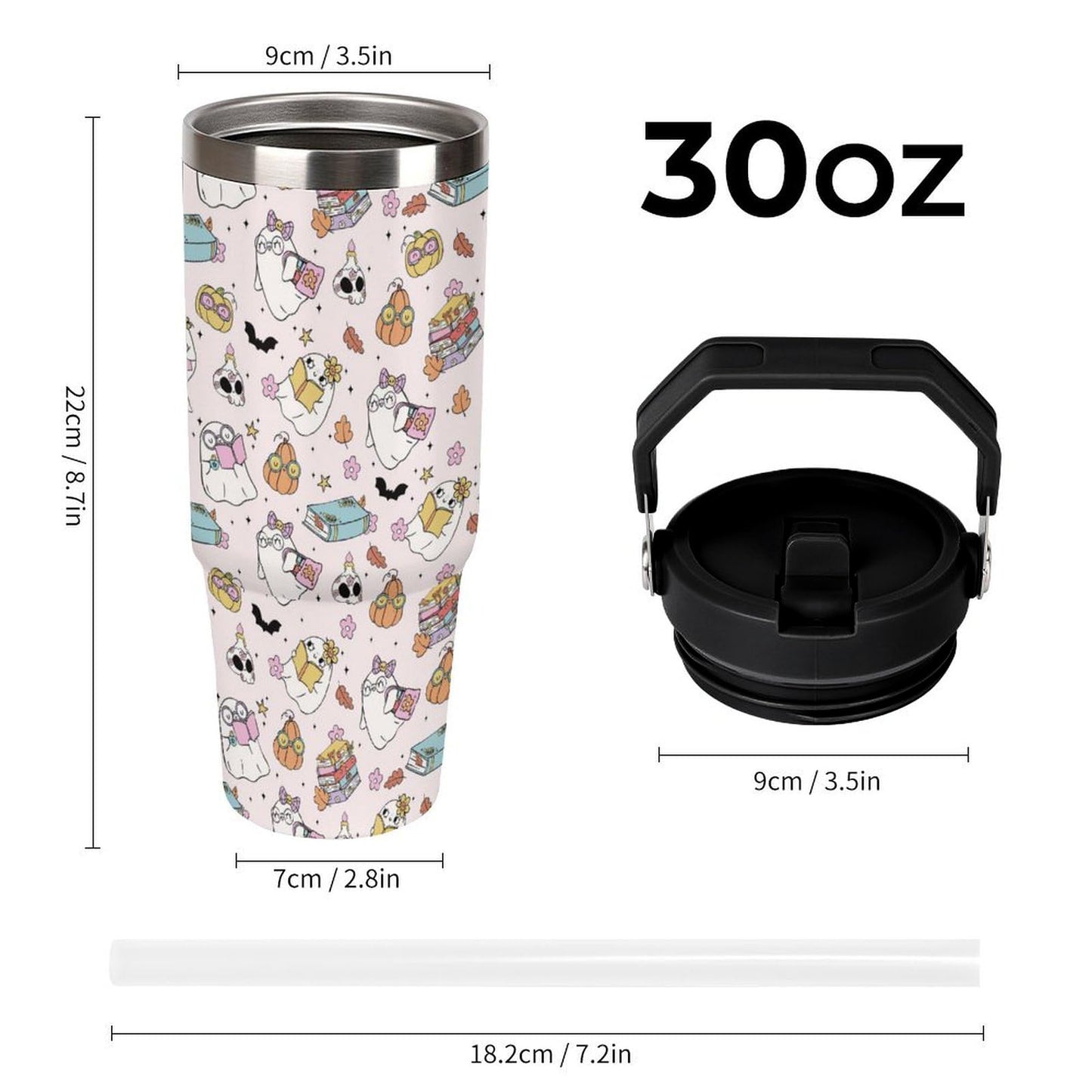 TOUNHEYA Halloween Tumbler with Handle Flip Straw Pink 30oz Insulated Stainless Steel Cup Ghost Reading Book Travel Coffee Mug Water Bottle for Women
