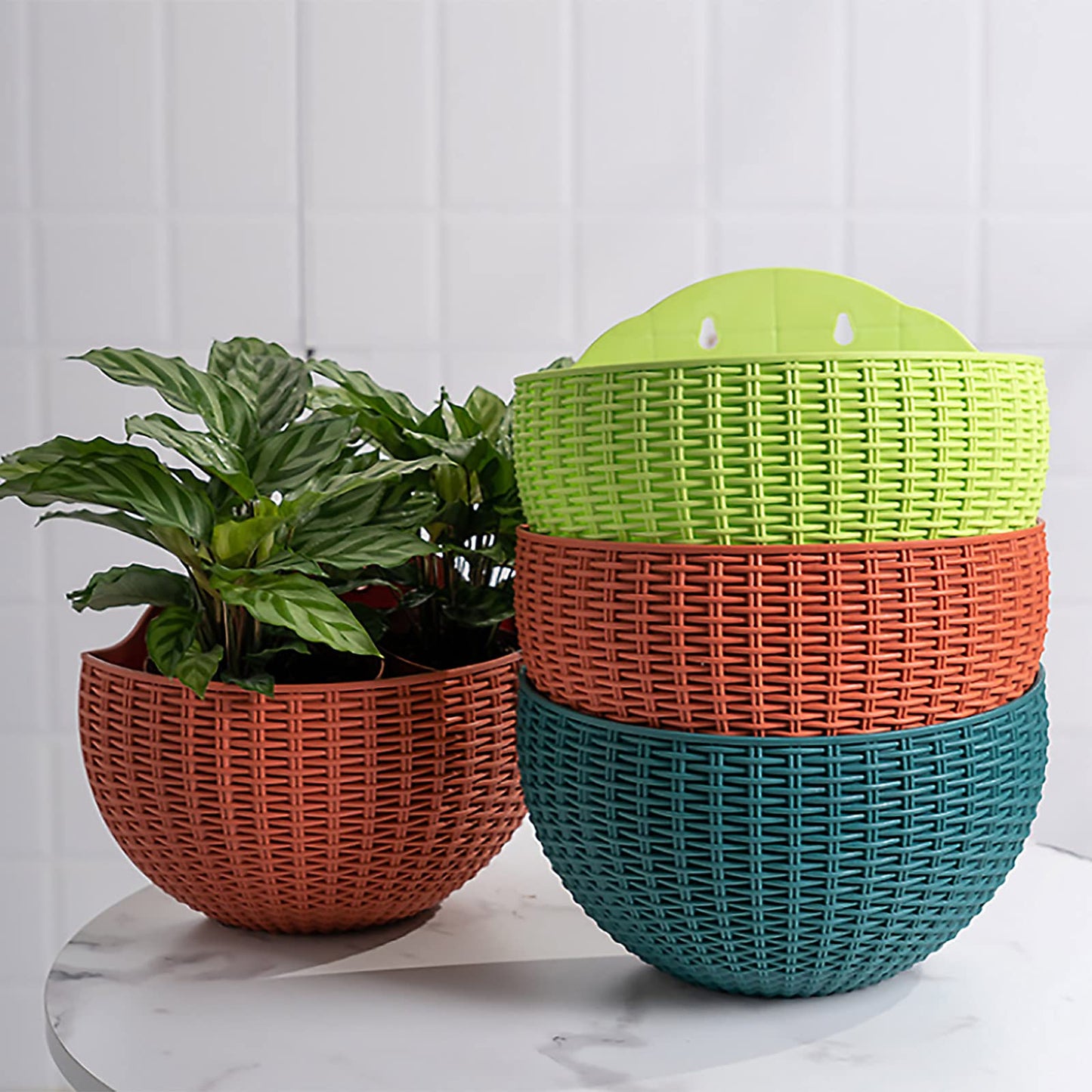 Hanging Planter Pot, Wall and Railing Hanging Planters with S Hooks, Half Round Imitation Rattan European Style Wall Flowerpot Rustic Decorative Flower Basket for Home Balcony(#26*20.5cm Dark green)
