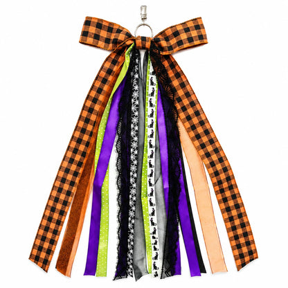 Halloween Wreath Sash Front Door Ribbon Bow Large Orange Black Buffalo Plaid Purple Spider Web Cat Streamer Fall Porch Decoration