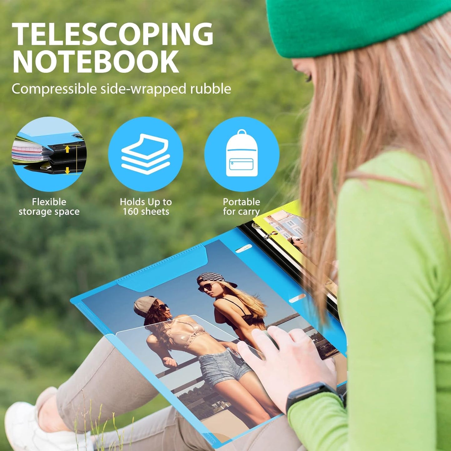 WOT I 2-Pack Telescoping 3 Ring Binder Notebooks - Customizable Cover, 5 Dividers & Pocket Folder in One Slim Organizer (60 Sheets Included), Blue
