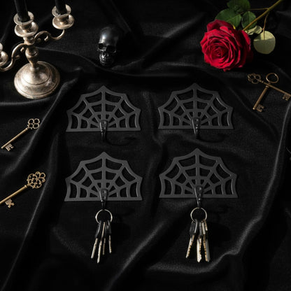 Thyle 4 Pcs Black Cobweb Wall Key Holder Gothic Wooden Key Hooks for Wall Mount Cute Home Decor for Keys Door Coats Towels Bags Spider Web Decor for Bathroom Kitchen Living Room Bedroom
