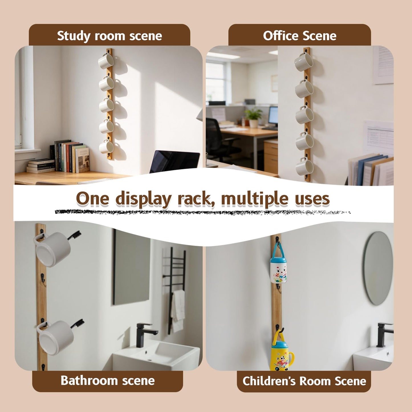 Yohsnor Wall-Mounted Coffee Mug Rack - 6-Hook Solid Wood Cup Holder for Kitchen Cabinet, Space-Saving Tea Bar Organizer with Rustic Decor (Vertical Rectangle Design)