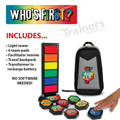 Trainers Warehouse Who's First? v3 Wireless Game 6 Buzzer System | Foster Gameshow Excitement in The Classroom - Includes Light Tower & USB Port & Randomizer | Make Trivia and quizzes Fun!