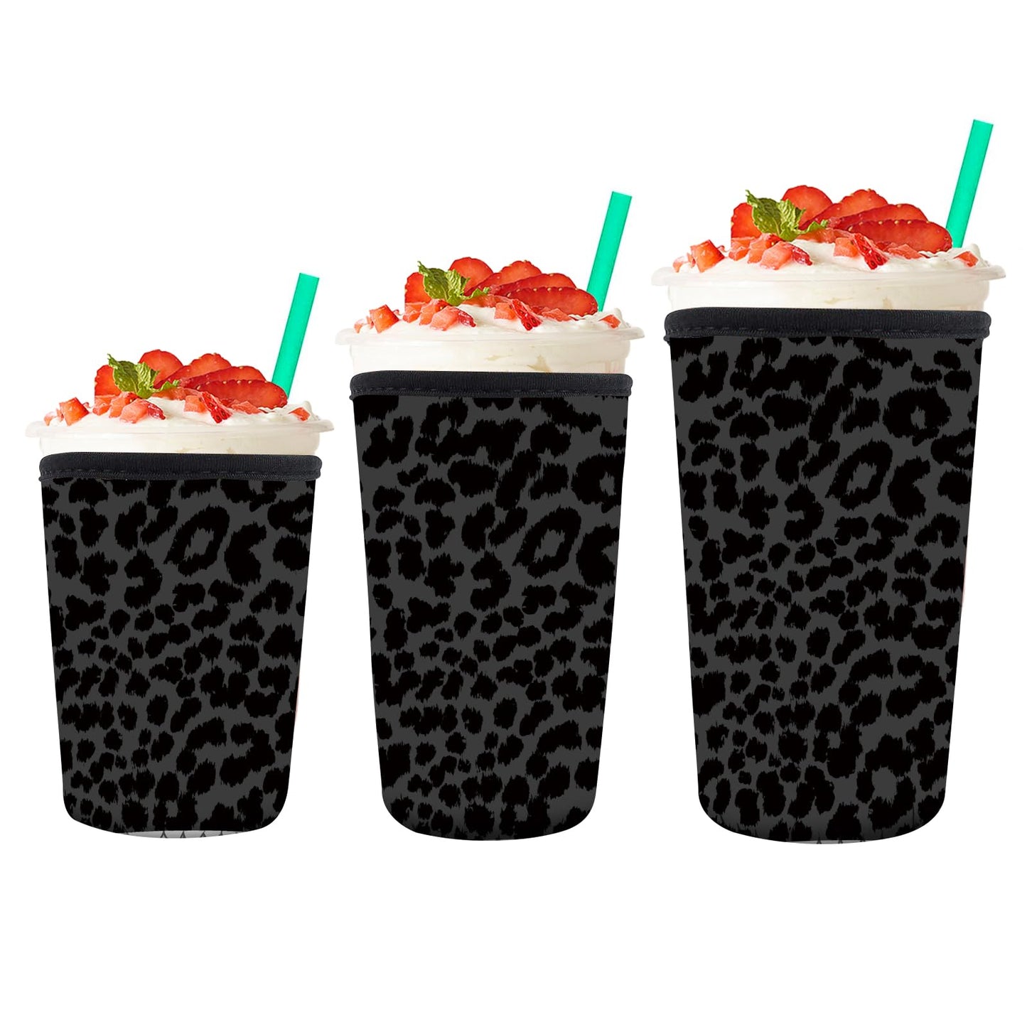 AMZXCFGL 3 Pack Reusable Neoprene Insulator Sleeve for Iced Coffee Cups, Cute Funny Coffee Cup Sleeve, Universal Fit 16-32oz Cups for Hot Cold Beverages Cute Black Leopard