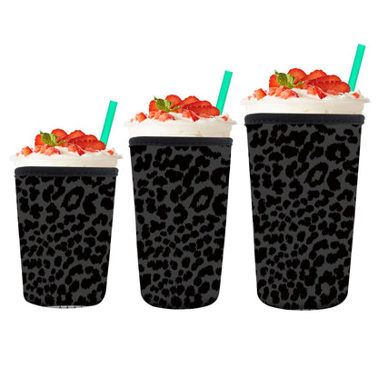 AMZXCFGL 3 Pack Reusable Neoprene Insulator Sleeve for Iced Coffee Cups, Cute Funny Coffee Cup Sleeve, Universal Fit 16-32oz Cups for Hot Cold Beverages Cute Black Leopard