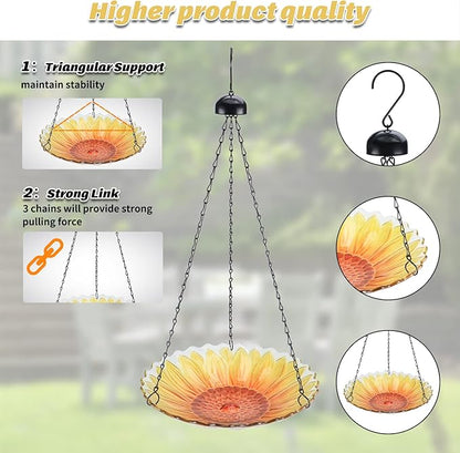 MUMTOP Hanging Bird Bath Outdoor, Sunflower Glass BirdBaths & Birdfeeder with Water Ripple Rim 11 Inch for Garden Yard Patio Decor