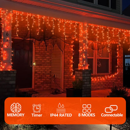 QITONG Orange Icicle Lights for Outside, 33ft 400 LED String Light with 8 Modes, Clear Wire Connectable Icicle Christmas Lights Indoor Plug in for Halloween Thanksgiving Fall Décor