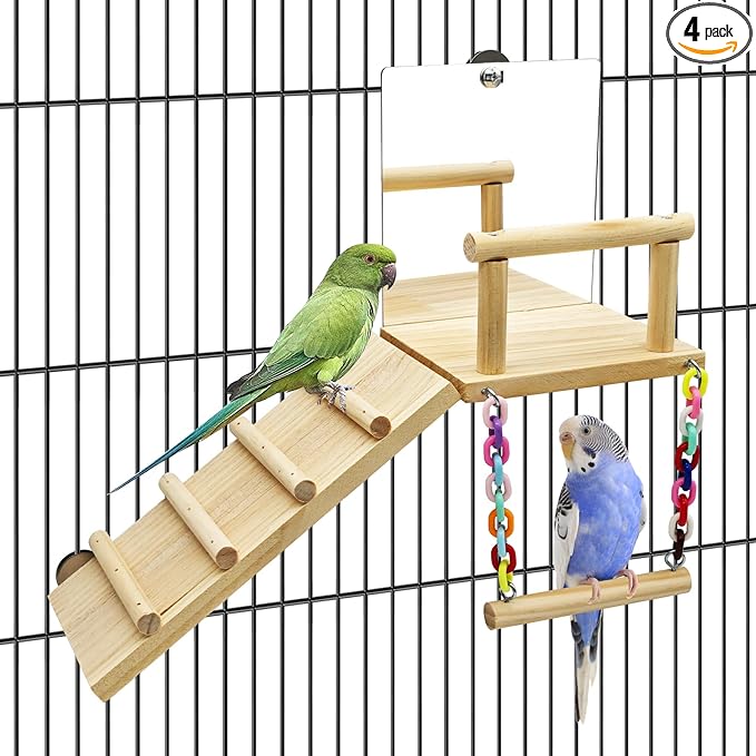 BNOSDM Bird Perch Platform with Mirror, Wooden Climbing Ladder for Parakeet, Small Bird Swing Toys Parrot Cage Accessories Budgie Playground for Cockatiel, Lovebirds, Conures, Finch